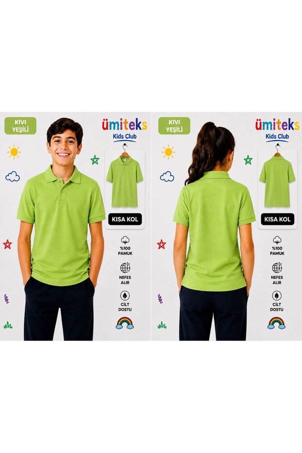 Unisex Polo Collar Short Sleeve Apple Green School T-Shirt
