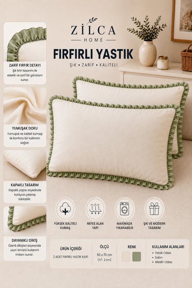 Green Ruffled Pillowcase Set of 2 50X70 cm – with Cover, Without Zipper, Cream