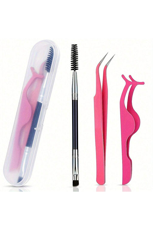 3Pcs-Pink 3Pcs Curved Tip Eyelash Tweezers Set With Box Lash Curler Lash Brush False Eyelash Extensi
