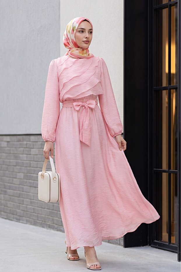 Elastic Waist Belted, Folded Front, Balloon Sleeve Lined Chiffon Dress - Pink