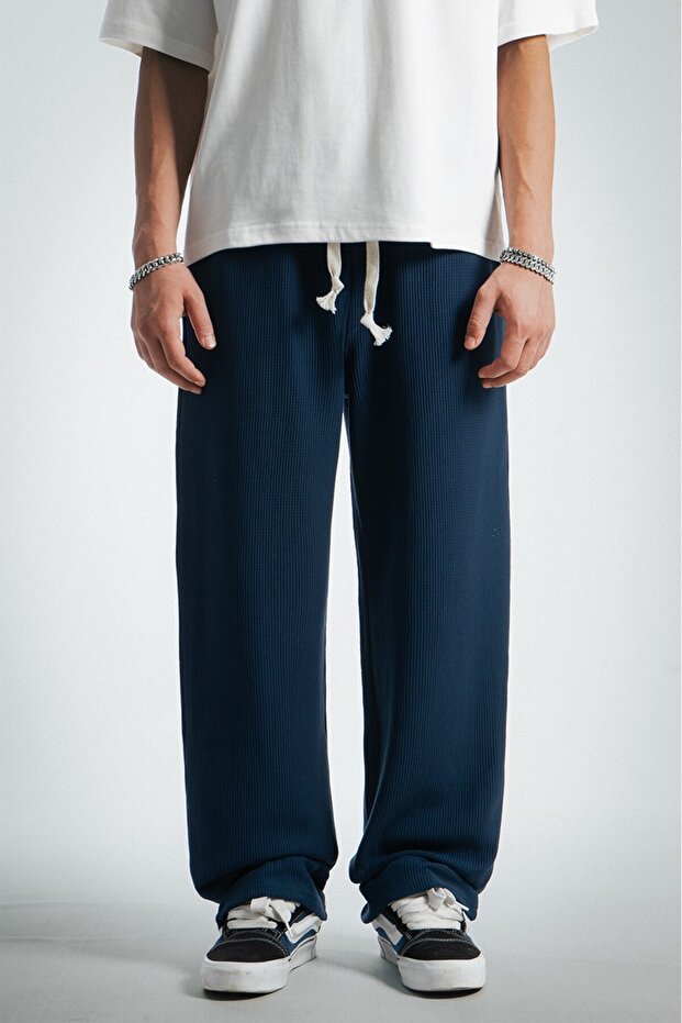 Navy Blue Waffle Fabric Baggy Men's Sweatpants