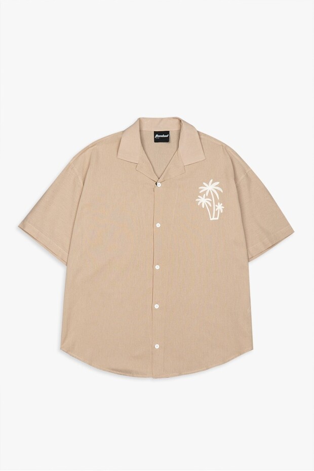 Beige Palm Oversize Linen Men's Shirt