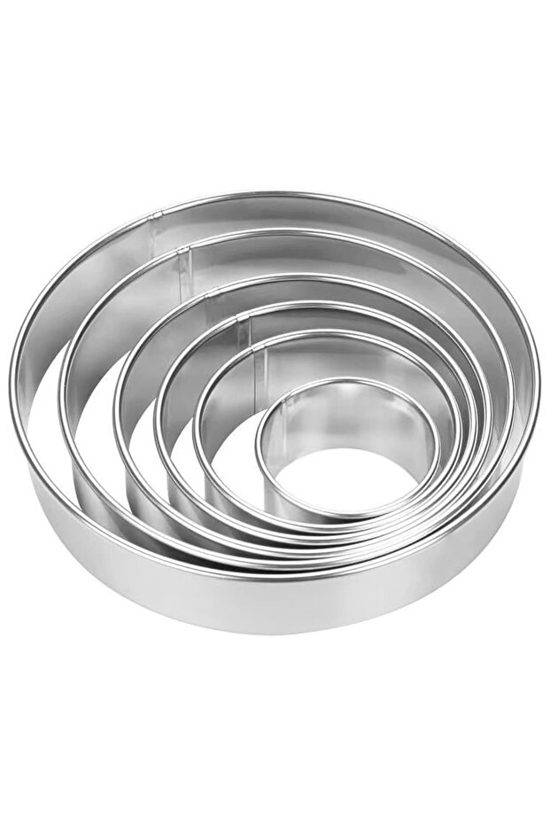 SILVER 6 Pcs Round Metal Cookie Cutter Set with Plastic Scraper Plate - 2, 3, 3.5, 4, 5, 6 Inch Mult