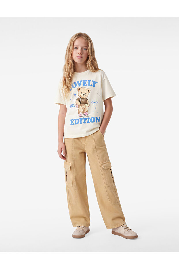 Cotton Crew Neck Short Sleeve Teddy Bear Printed T-Shirt