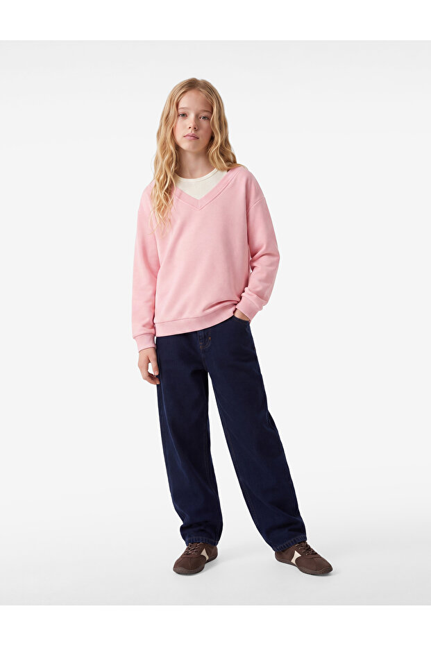 Layered V-Neck Long Sleeve Cotton Embroidered Sweatshirt
