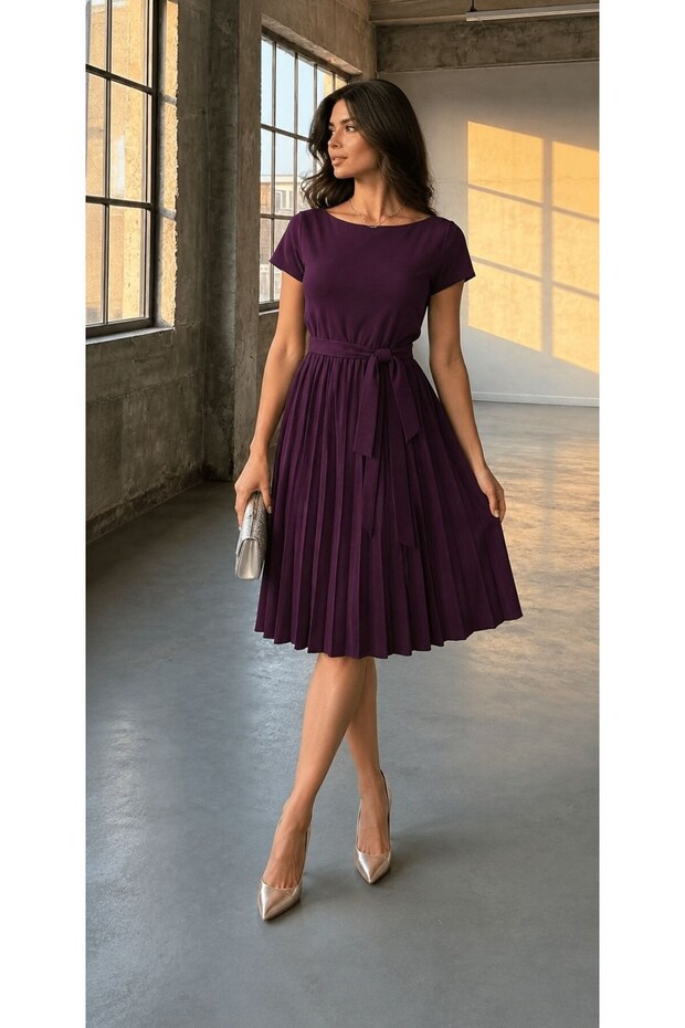 Pleated Belted Crepe Dress Purple 582059