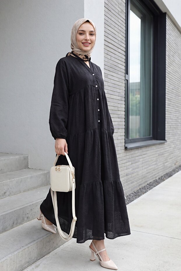 Dress with Partial Button Detail - Black