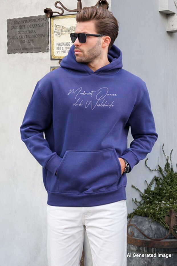 Navy Blue Hooded Pocket Detailed Printed Men's Sweatshirt 7064