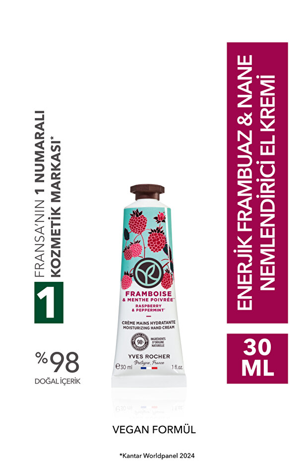 Hand Cream - Moisturizing Nourishing Energizing Raspberry Mint - Vegan -30Ml
