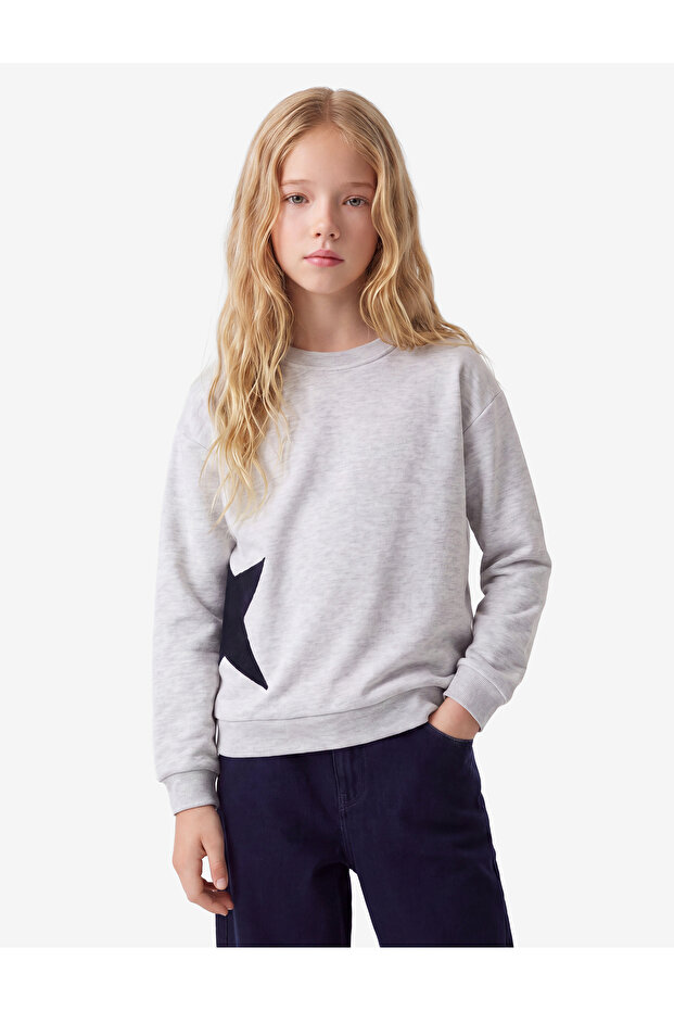 Star Detailed Long Sleeve Crew Neck Sweatshirt with Printed Back