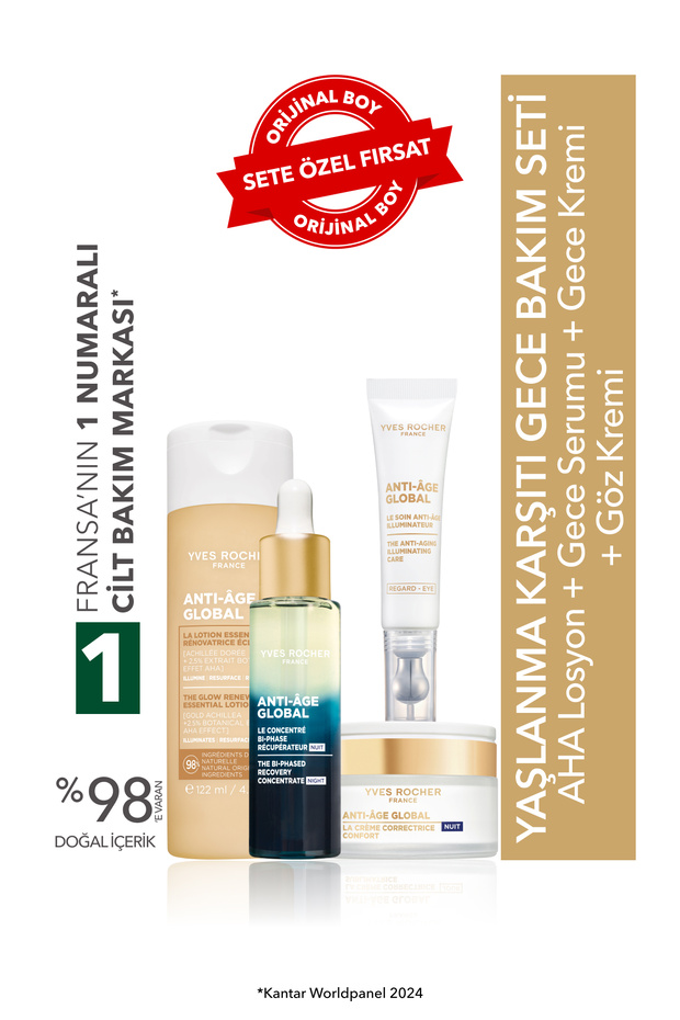 Anti-Aging Night Care Set - Night Serum 30ml & Night Cream 50ml & Eye Cream 15ml & Aha Lotion 122ml