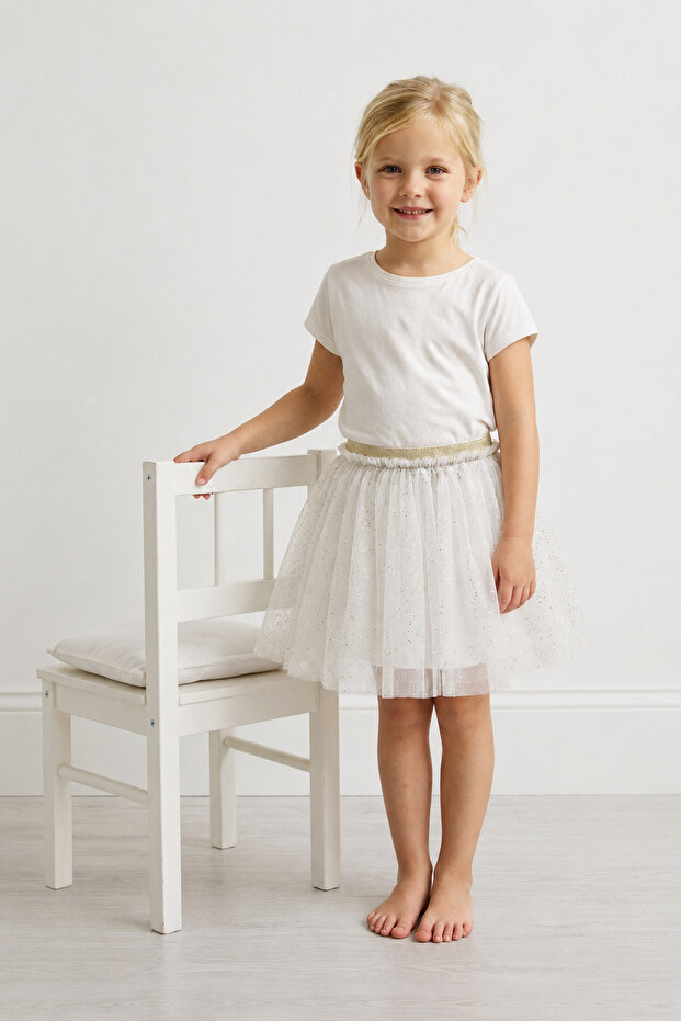 Creamy Ecru Foil Printed Girl's Tulle Skirt
