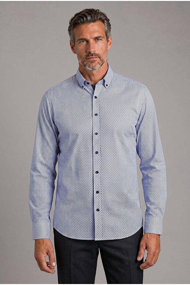 Blue Regular Fit Pocketless Long Pasha Collar Shirt