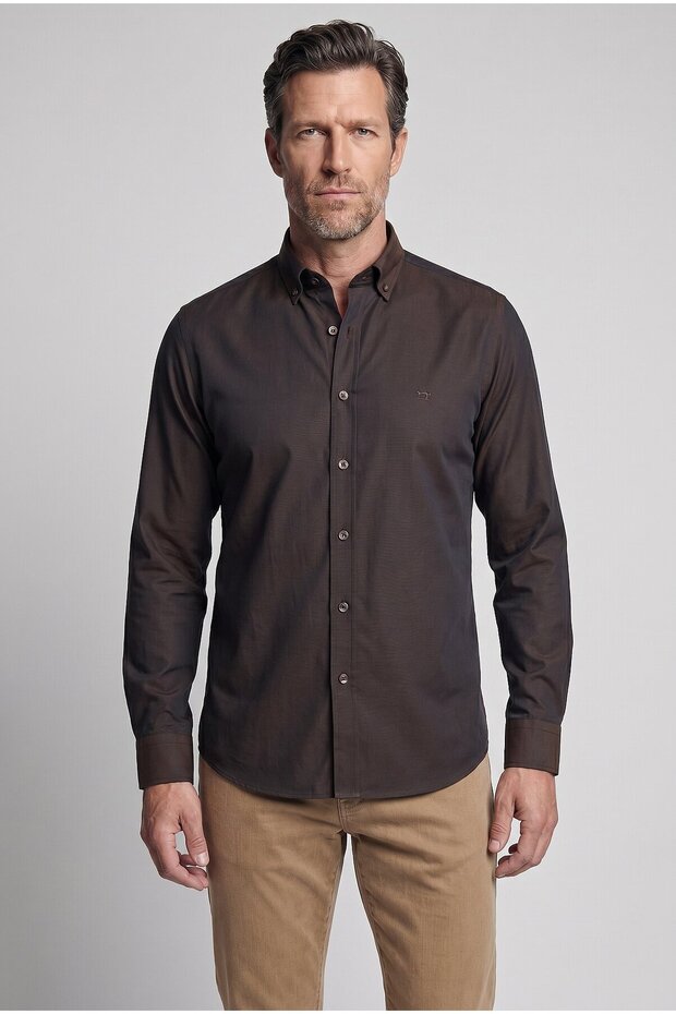 Studio Men's Regular Fit Long Sleeve Coffee Pocketless Shirt