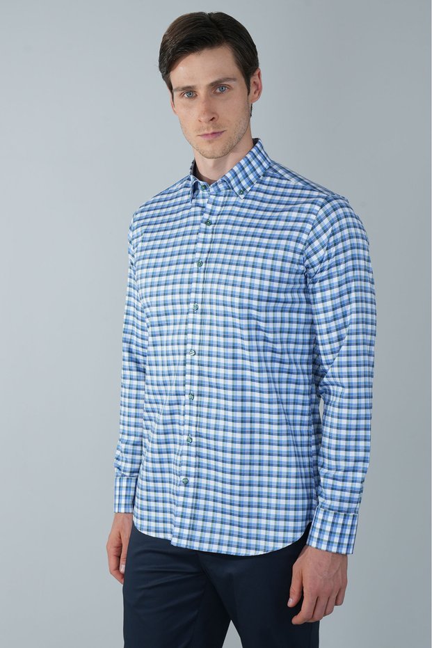 Long Sleeve Pasha Collar Pocketless Blue Cotton Men's Shirt