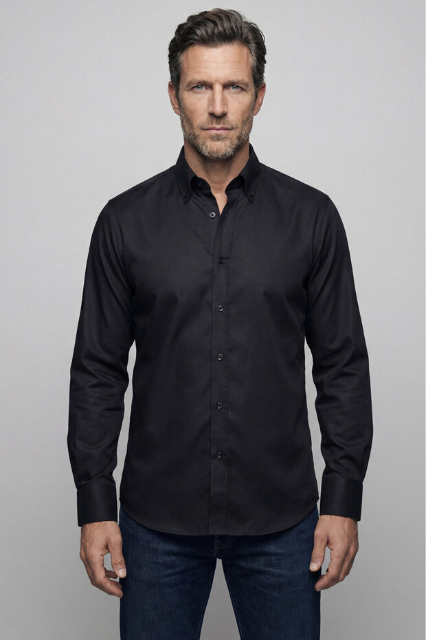 Black Regular Fit Cotton Long Pasha Collar Shirt