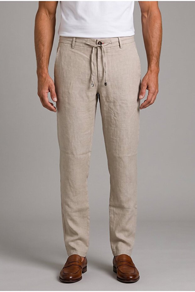 Beige Linen Jogger Drawstring Sports Pants