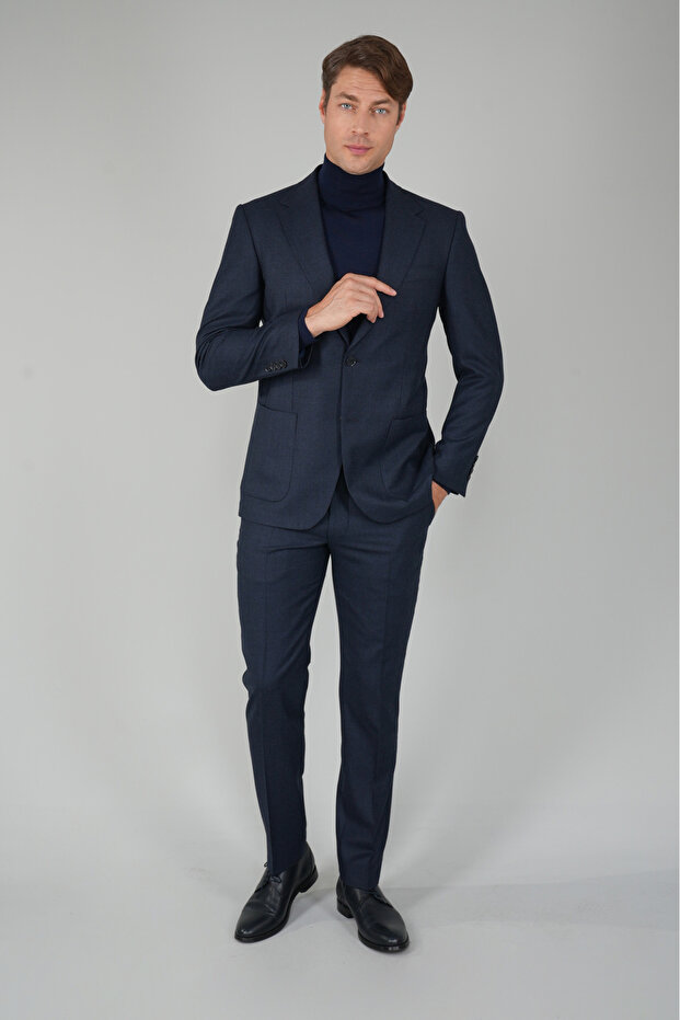 Navy Blue Wool Cashmere Buttoned Mono Collar Double Slit 6 Drop Suit