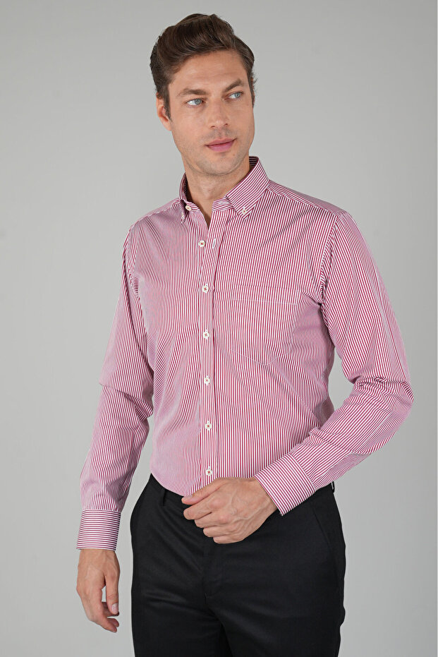 Men's Long Sleeve Burgundy Striped Cotton Shirt