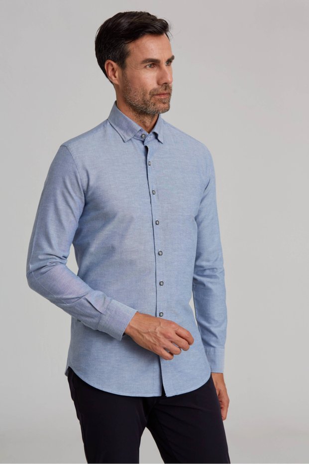 Navy Blue Modern Slim Fit Cotton Buttoned Hidden Sport Shirt