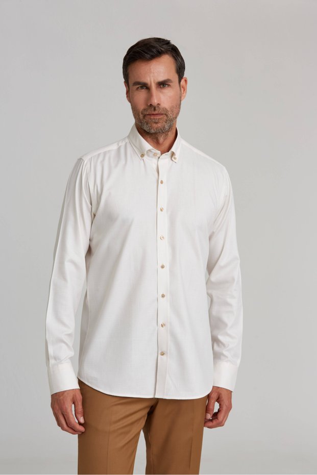 Ecru Regular Slim Fit Modern Cotton Buttoned Pascha Collar Sport Shirt