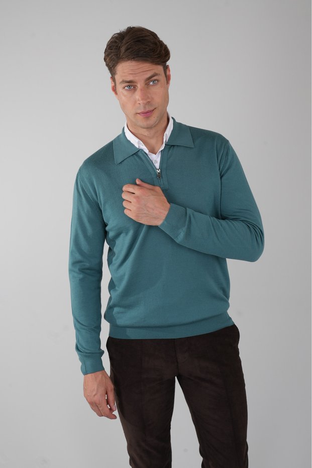 Mint Green Regular Fit Wool Polo Collar Zipper Detailed Knitwear