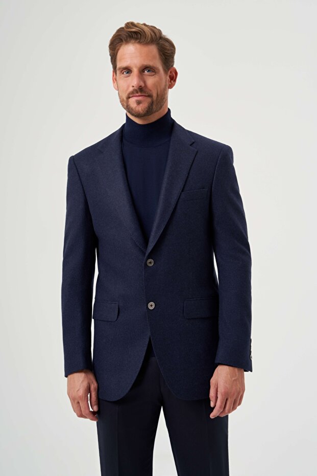 Navy Blue Wool Buttoned Comfort Mono Collar 6 Drop Jacket