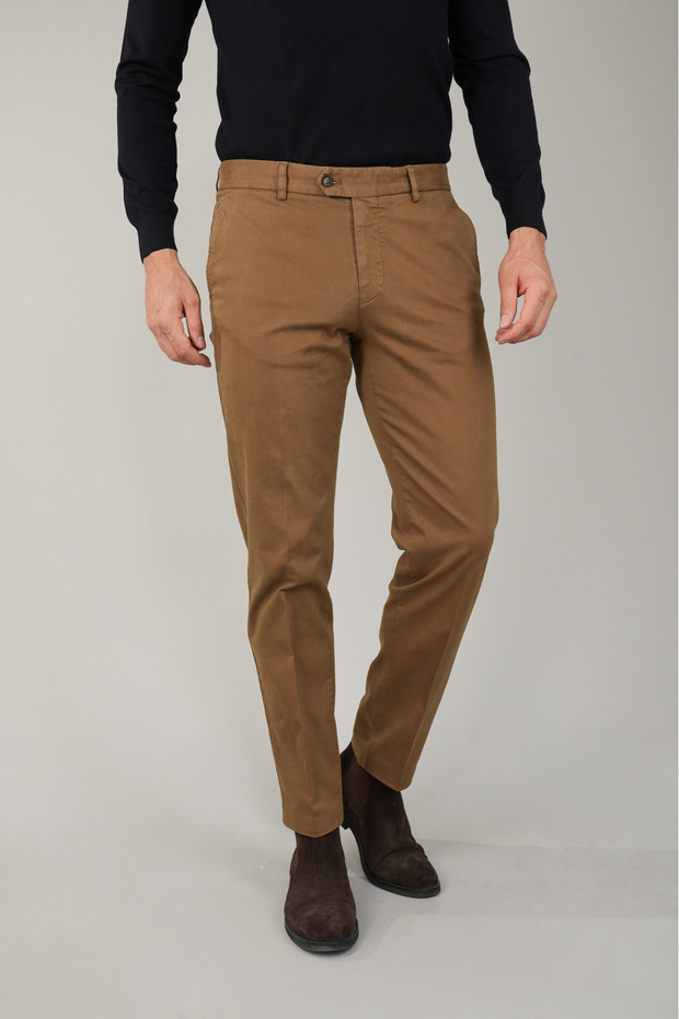 Khaki Cotton Chino Unpleated Men's Trousers