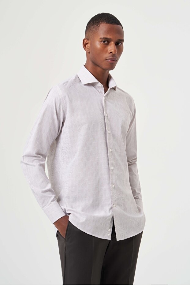 Men's Long Sleeve Beige Classic Shirt with Regular Fit