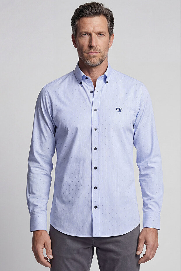 Blue Regular Fit Cotton Pocketless Long Pasha Collar Shirt