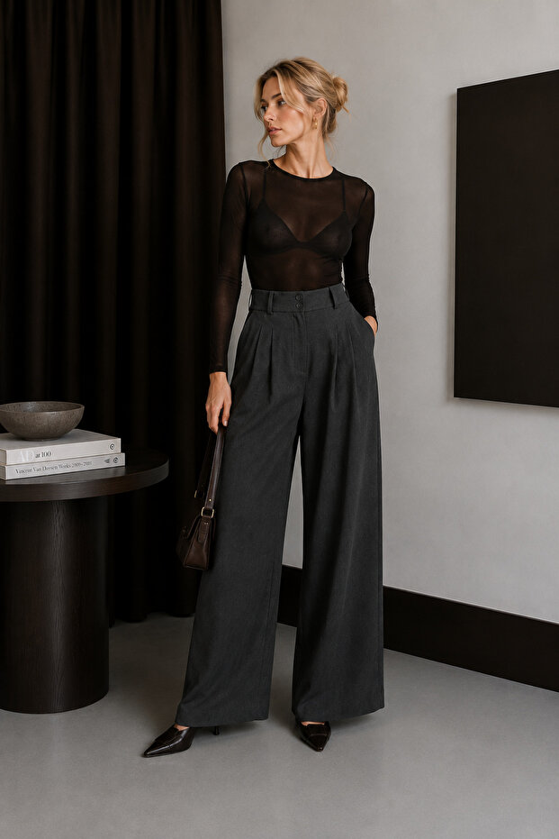Wide-Leg Double Pleated Palazzo Pants