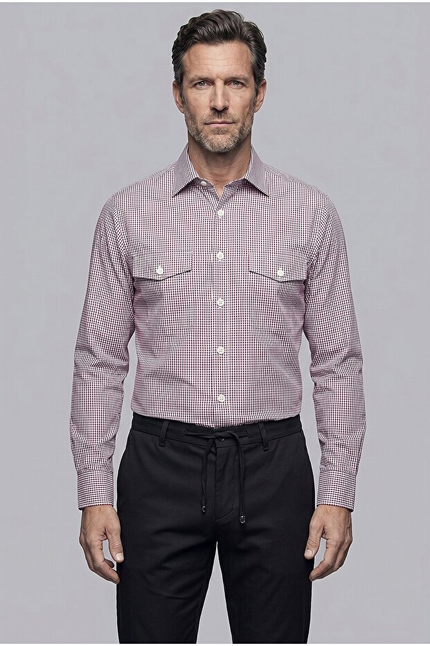 Red Regular Fit Pocketless Long Collar Shirt