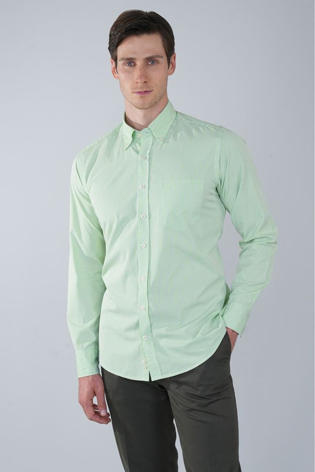 Long Sleeve Pocketless Green Cotton Men's Shirt