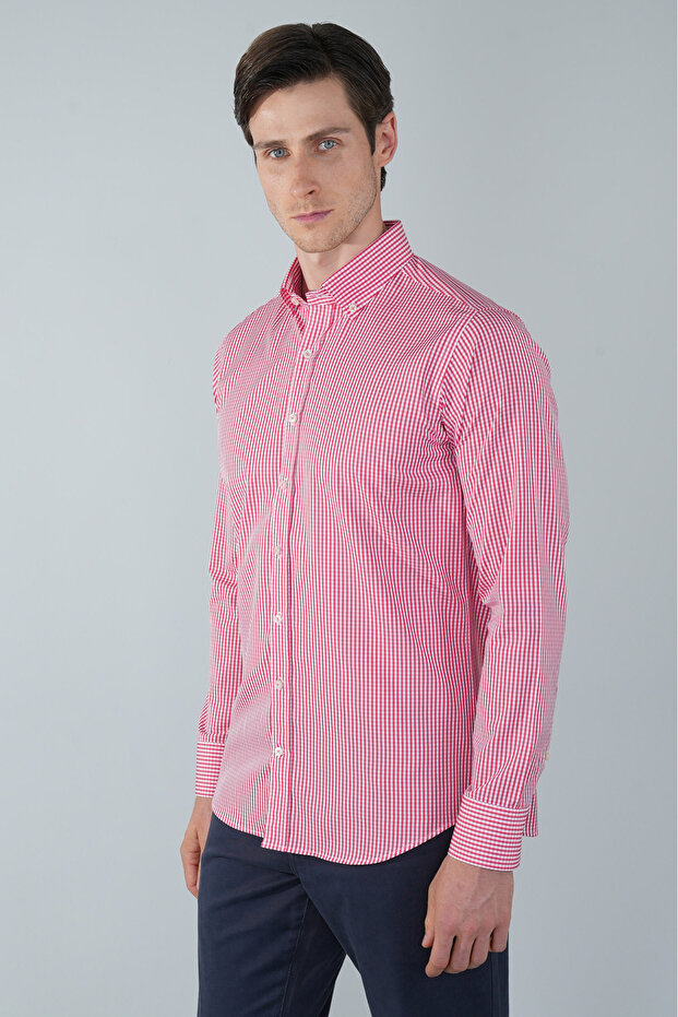 Red Regular Fit Cotton Pocketless Long Pasha Collar Shirt