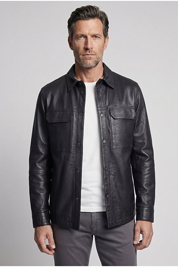 Navy Blue Leather Baby Collar Jacket Coat