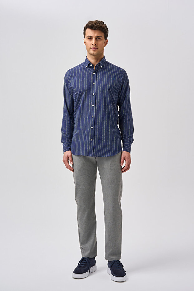 Navy Blue Regular Fit Cotton Pocketless Long Sleeve Shirt
