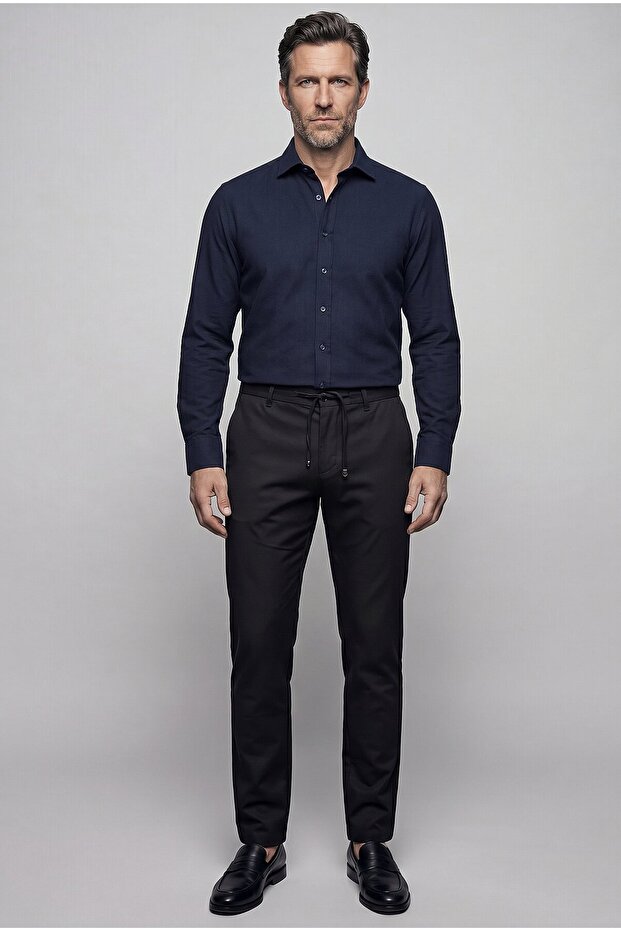 Navy Blue Regular Fit Linen Birit Collar Shirt