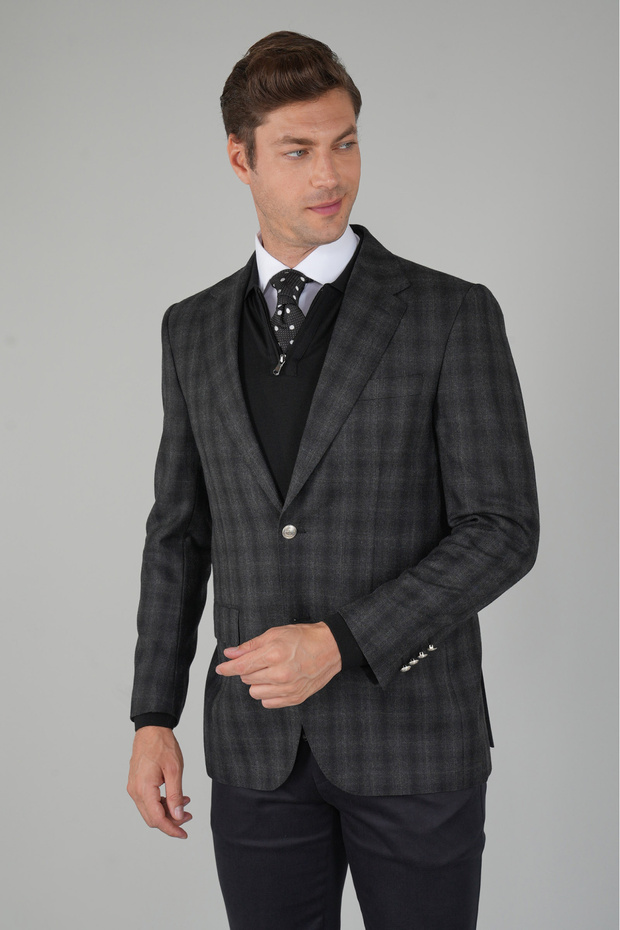 Black Wool Cashmere Buttoned Mono Collar 6 Drop Double Slit Jacket
