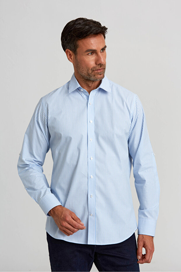 Blue Regular Fit Cotton Buttoned Pascha Collar Shirt