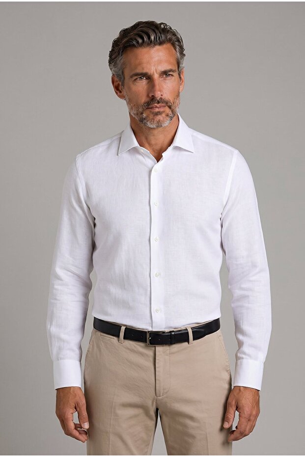 White Regular Fit Cotton Linen Natural Shirt with Pockets