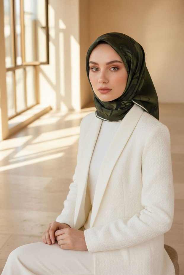 100% twill silk flower patterned khaki colored 90x90 sewing method: hand stitched scarf