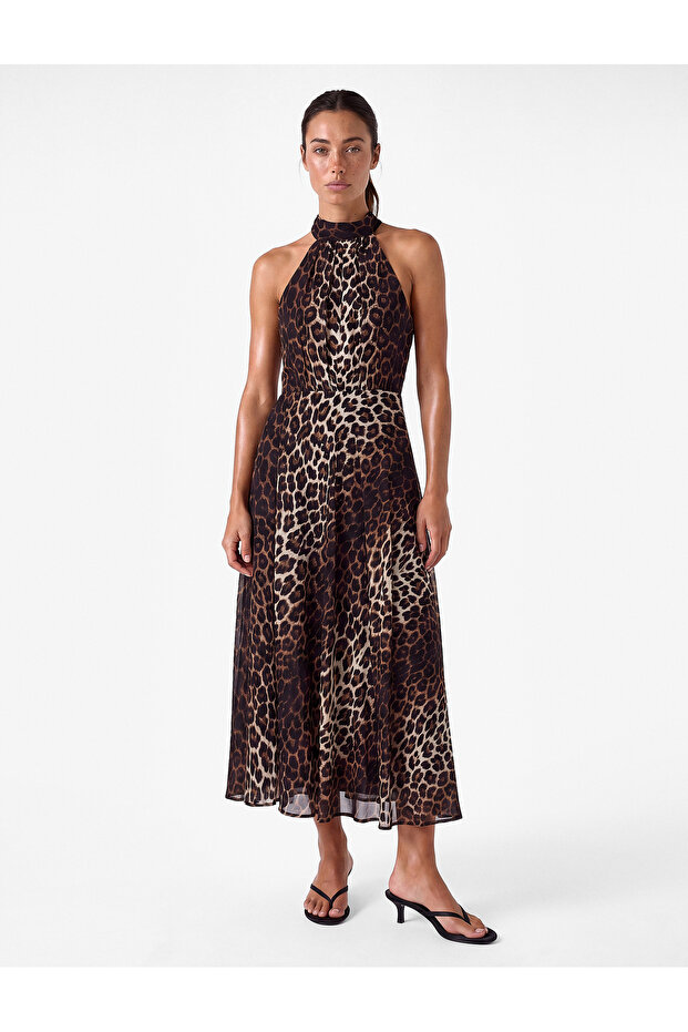 Crepe Fabric Sleeveless Halter Neck Midi Length Leopard Print Dress
