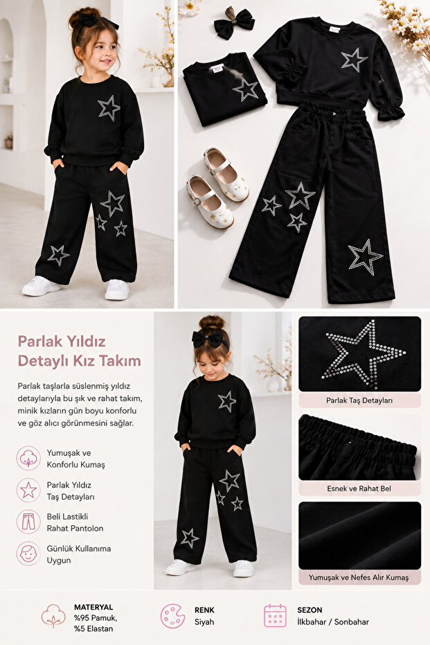 3-10 Years Old Medium Thick Fabric Star Stone Detailed Girls' Six-Piece Denim Set