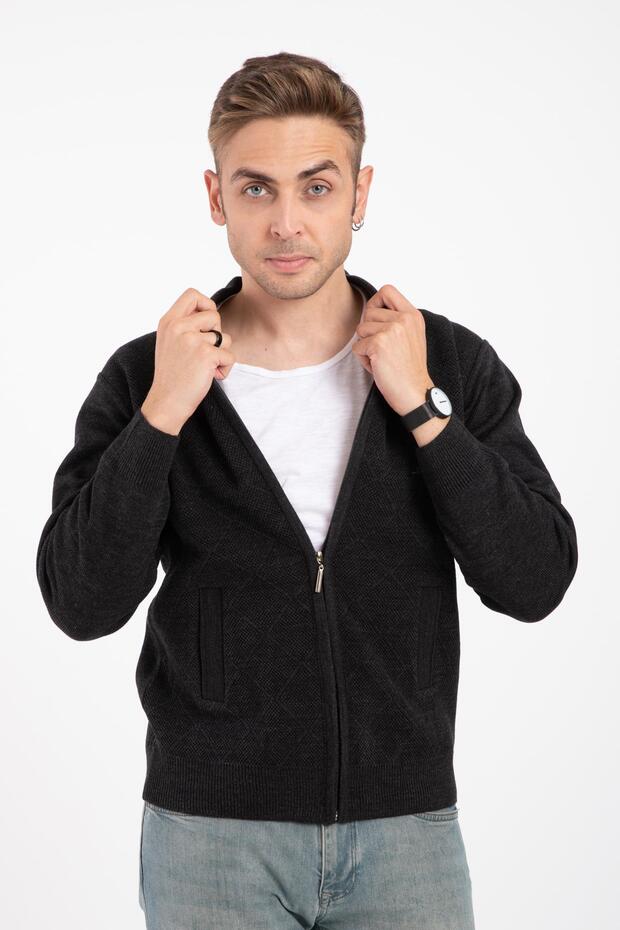 Men's Middle-Aged and Older Knitwear Knitted Acrylic Zippered Winter Dad Cardigan 2073-Dark Gray
