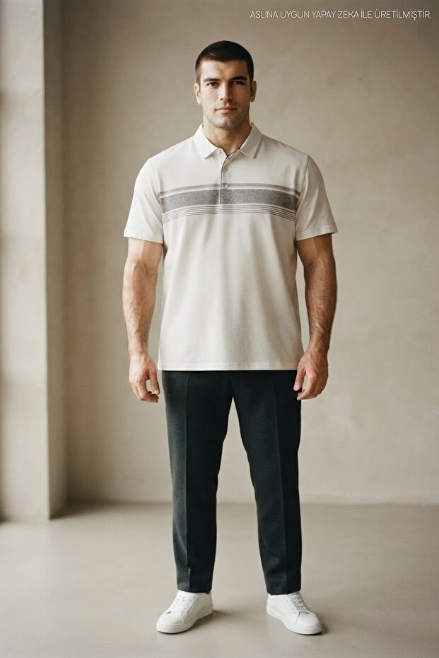 Men's Patterned Large Size Loose White Polo Neck T-Shirt