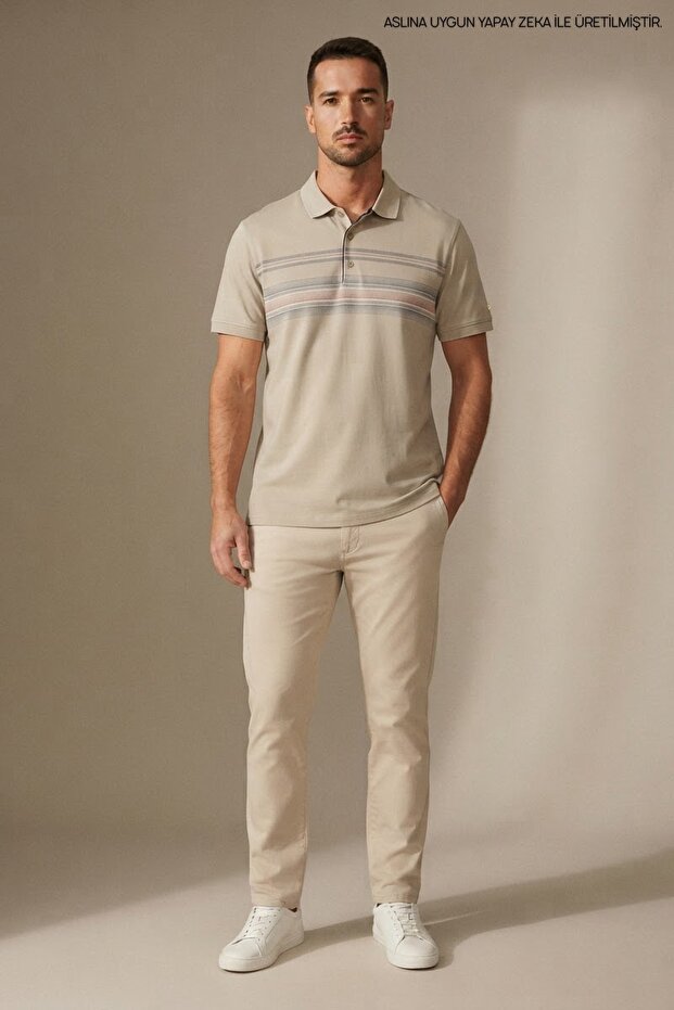 Men's Comfort Fit Patterned Beige Polo Neck T-Shirt