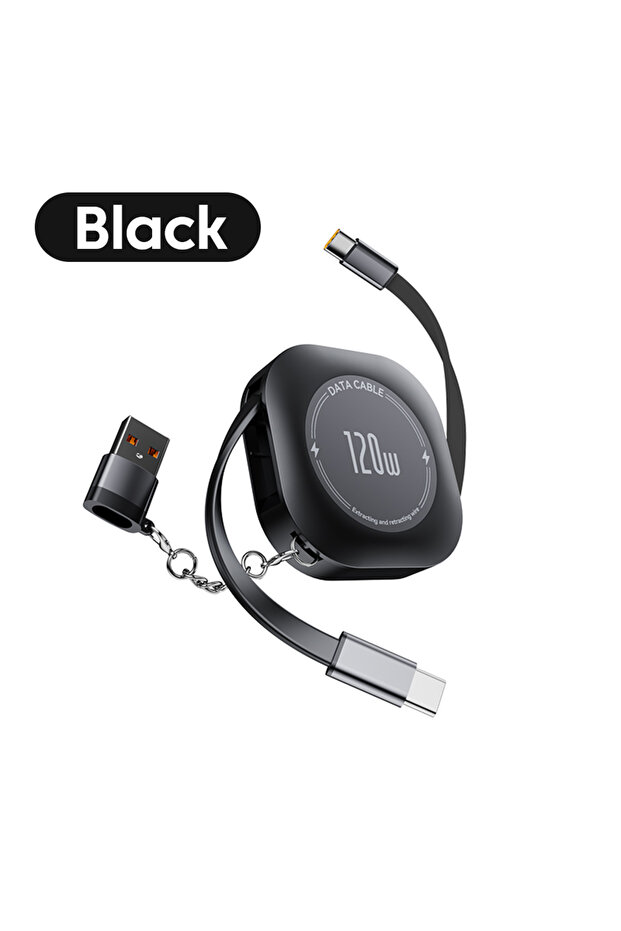 1.2m Black 120W Type C To USB C Retractable Cable Fast Charging With Type C To USB A/Lightning Adapt