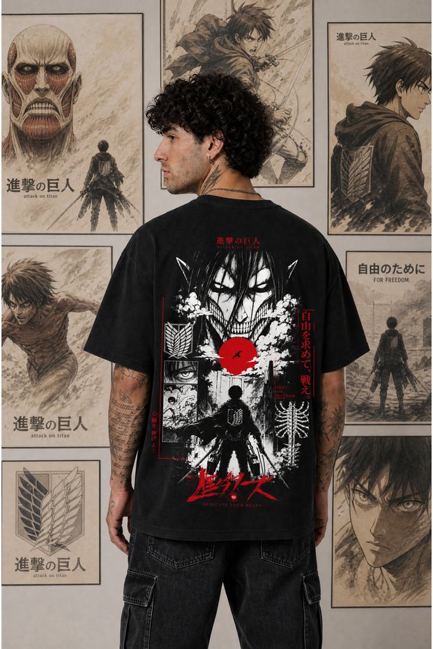 Attack on Titan Anime Unisex Oversize 24/1 Cotton T-Shirt - Special Collar Print
