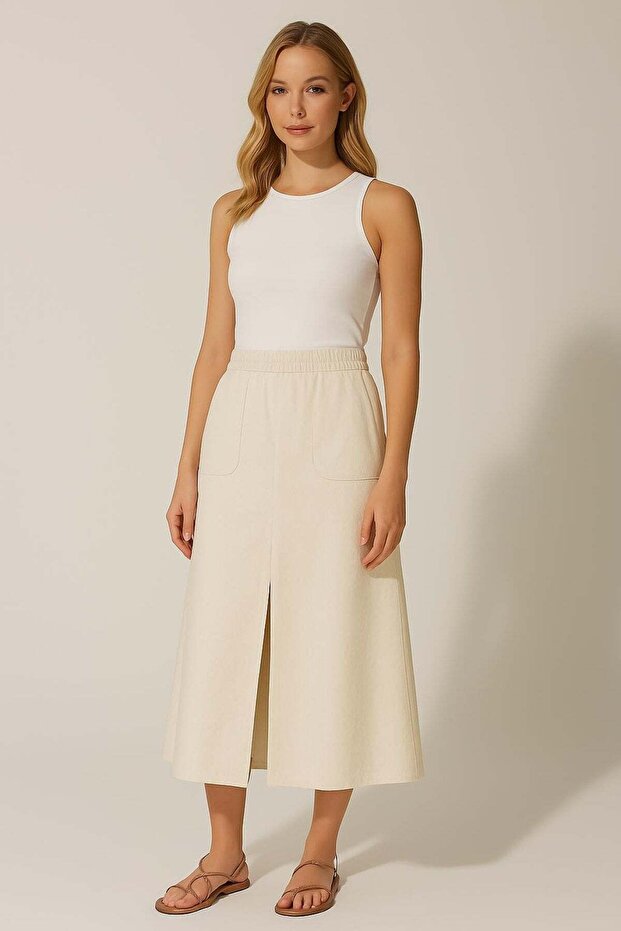 High Waist Pocket Slit Midi Skirt