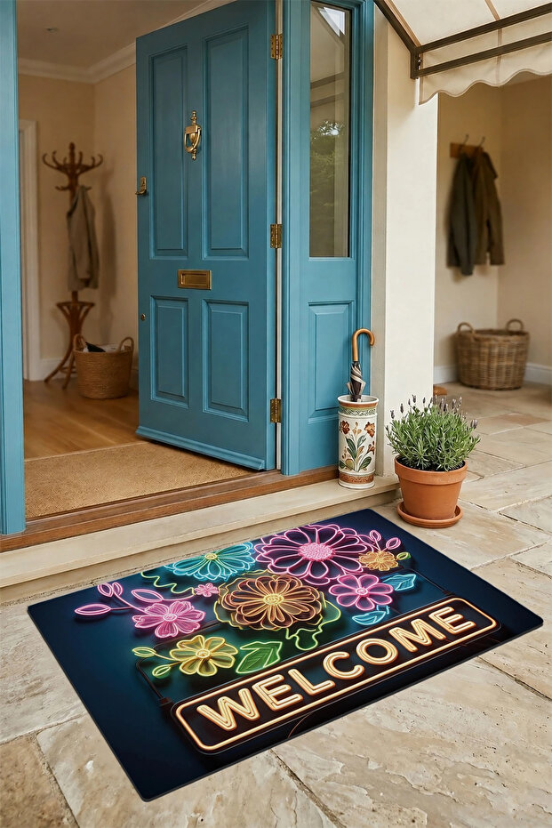 Door Mat 45X70Cm Non-Slip Base Decorative Indoor Outdoor Neon Daisy Flowers